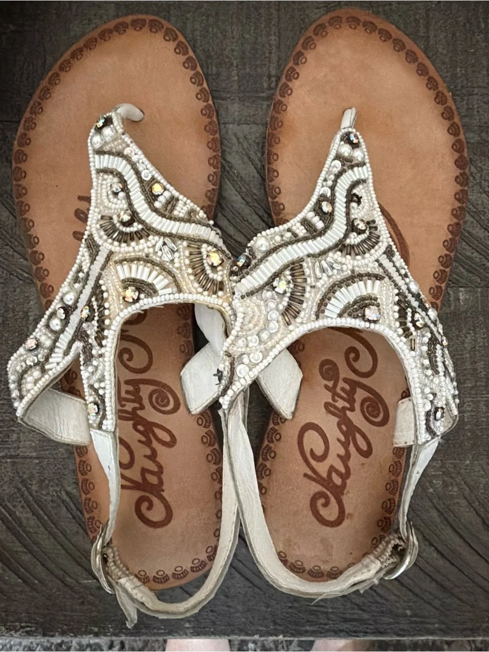 3 pair bundle naughty monkey White Beaded T-Strap Sandals with Rhinestones a